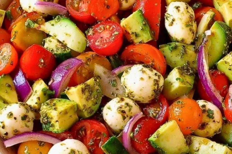 Tomato Cucumber Salad with avocado, mozzarella, and basil pesto in a bowl