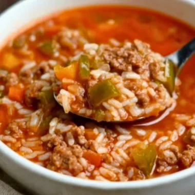 Delicious bowl of stuffed pepper soup with colorful peppers and herbs