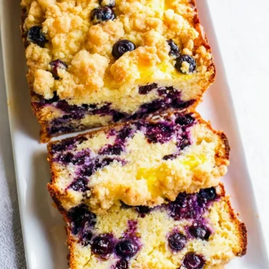 Delicious blueberry lemon loaf on a wooden table with fresh blueberries and lemons.
