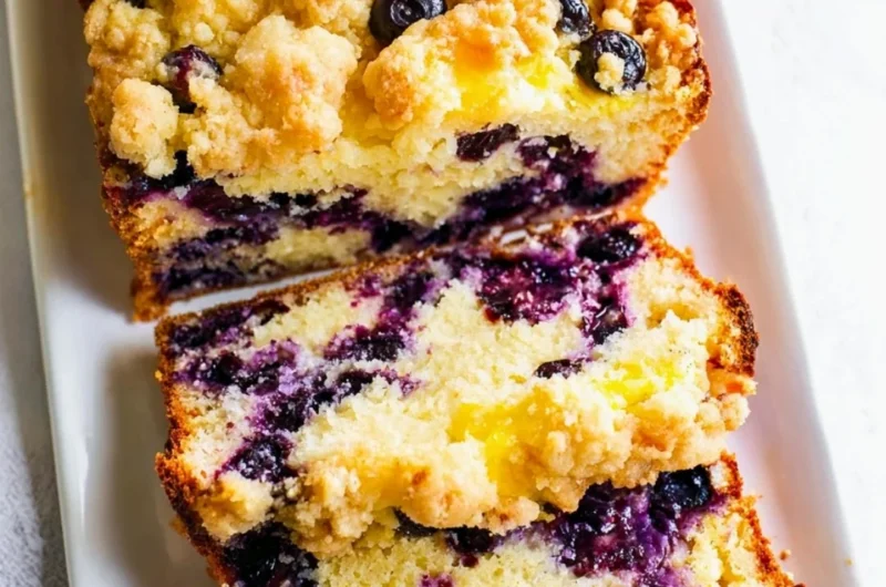 Delicious blueberry lemon loaf on a wooden table with fresh blueberries and lemons.