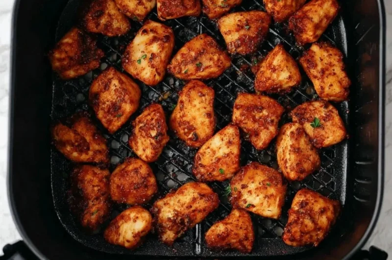 Crispy air fryer chicken bites served with dipping sauce on a plate.