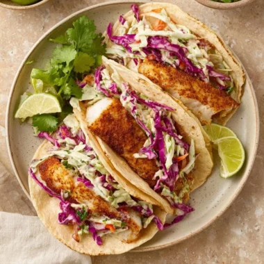 Crispy air fryer fish tacos with fresh toppings served on a plate