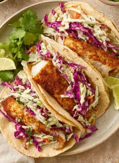 Crispy air fryer fish tacos with fresh toppings served on a plate