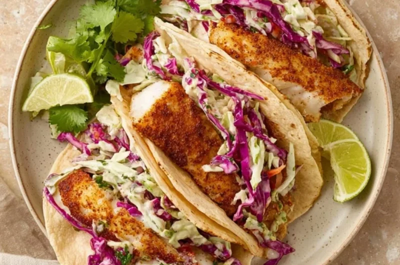 Crispy air fryer fish tacos with fresh toppings served on a plate