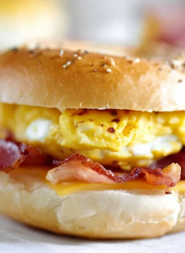 Bacon Egg Cheese Bagel sandwich with crispy bacon and melted cheese