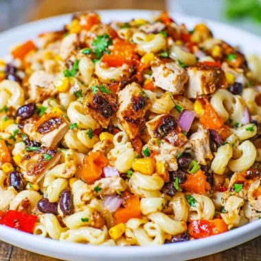 Delicious BBQ Chicken Pasta Salad with BBQ mayo, corn, bell peppers, and juicy chicken