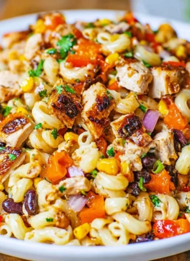 Delicious BBQ Chicken Pasta Salad with BBQ mayo, corn, bell peppers, and juicy chicken