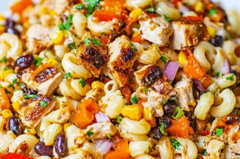 Delicious BBQ Chicken Pasta Salad with BBQ mayo, corn, bell peppers, and juicy chicken