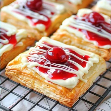 Freshly baked Cherry Cream Cheese Danishes with flaky pastry and cherry filling