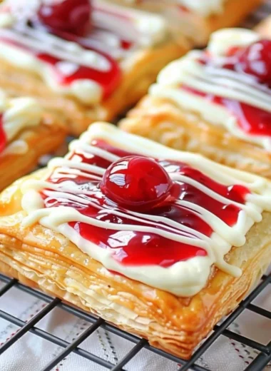 Freshly baked Cherry Cream Cheese Danishes with flaky pastry and cherry filling