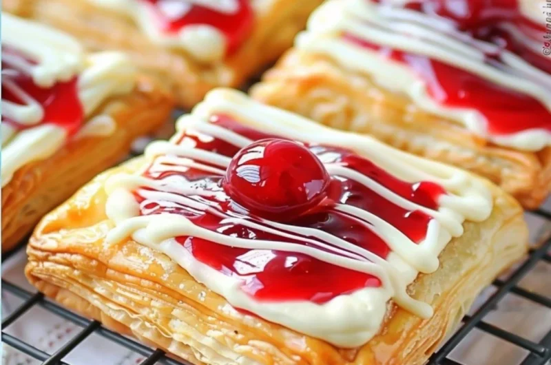 Freshly baked Cherry Cream Cheese Danishes with flaky pastry and cherry filling