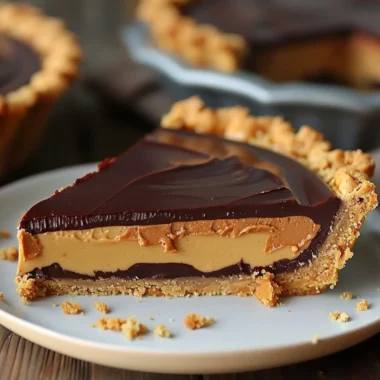 Decadent chocolate peanut butter pie topped with whipped cream and chocolate drizzle