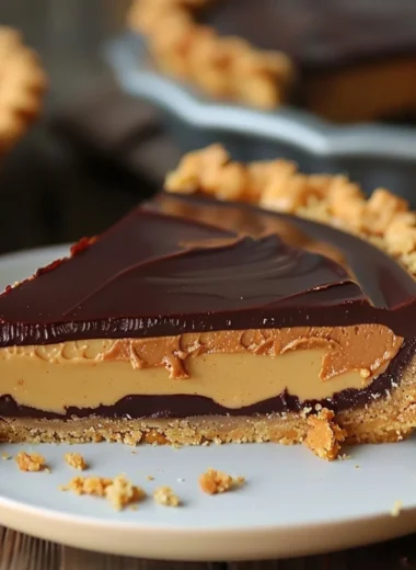 Decadent chocolate peanut butter pie topped with whipped cream and chocolate drizzle