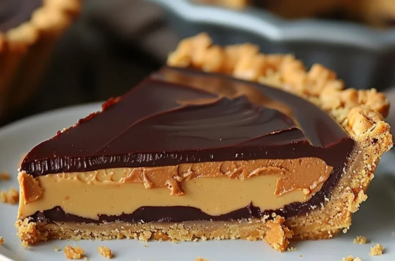 Decadent chocolate peanut butter pie topped with whipped cream and chocolate drizzle