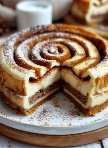 Slice of Cinnamon Roll Honeybun Cheesecake with cinnamon swirl topping