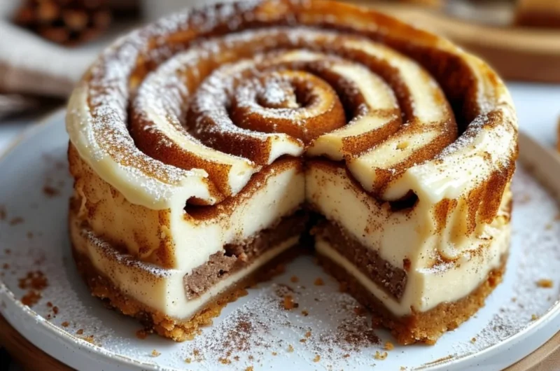 Slice of Cinnamon Roll Honeybun Cheesecake with cinnamon swirl topping