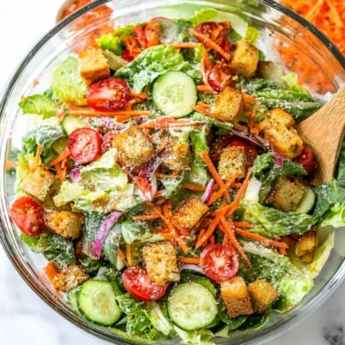 Classic house salad with fresh vegetables and dressing served in a bowl.