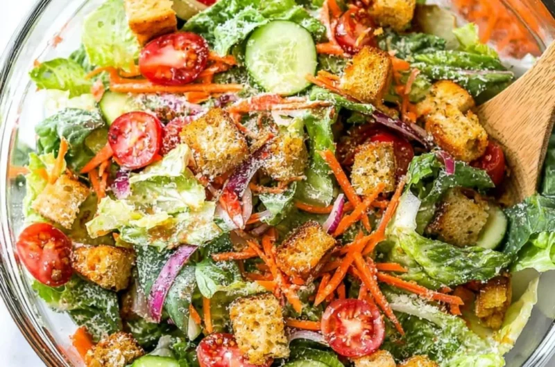 Classic house salad with fresh vegetables and dressing served in a bowl.