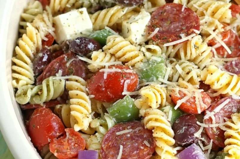 Classic pasta salad with colorful vegetables and dressing served in a bowl