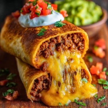 Delicious beef chimichangas with melted cheese ready to eat