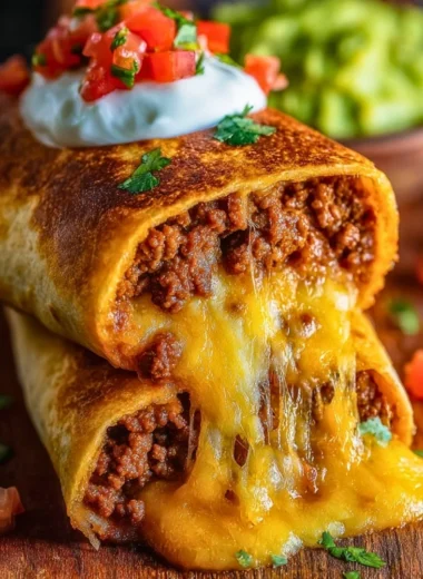 Delicious beef chimichangas with melted cheese ready to eat