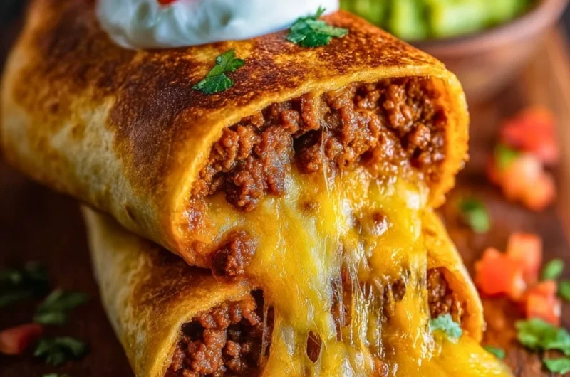Delicious beef chimichangas with melted cheese ready to eat