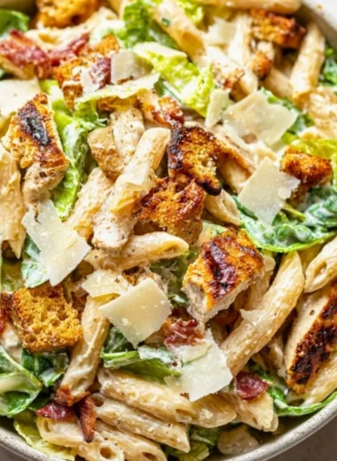 Cozy Chicken Caesar Pasta Salad with fresh ingredients in a bowl