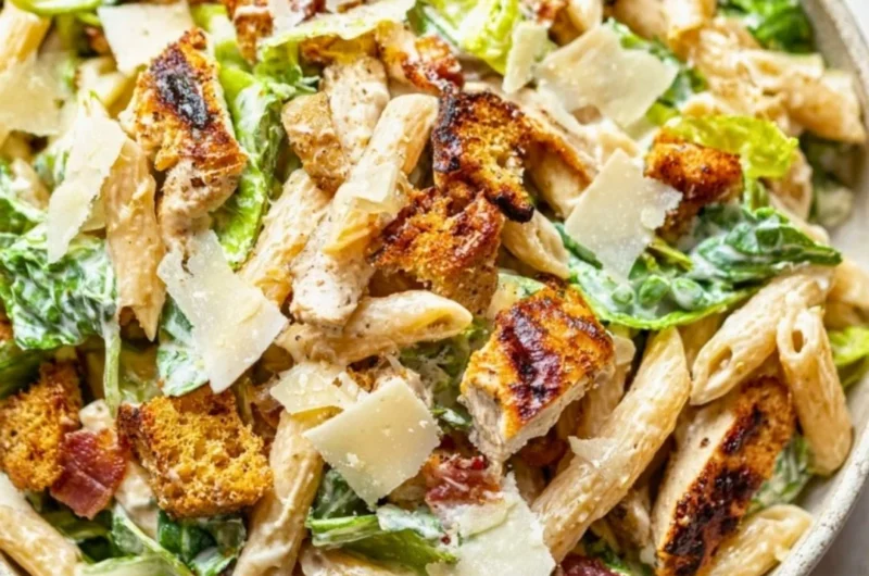 Cozy Chicken Caesar Pasta Salad with fresh ingredients in a bowl
