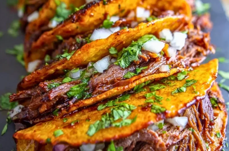 Cozy Crock Pot Birria Tacos served with garnishes