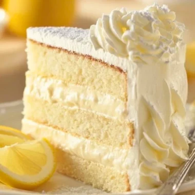 Sliced Italian Lemon Cream Cake from Cheesecake Factory, showcasing its creamy texture and lemon zest.