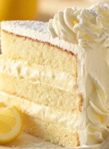 Sliced Italian Lemon Cream Cake from Cheesecake Factory, showcasing its creamy texture and lemon zest.