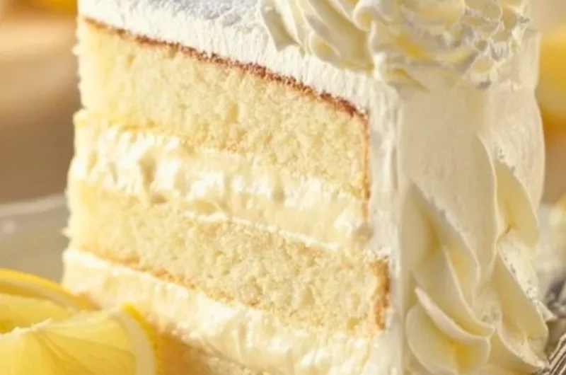 Sliced Italian Lemon Cream Cake from Cheesecake Factory, showcasing its creamy texture and lemon zest.