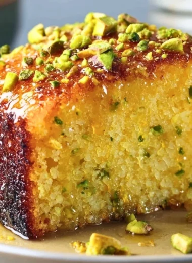 Cozy lemon pistachio cake topped with fresh lemon zest and crushed pistachios