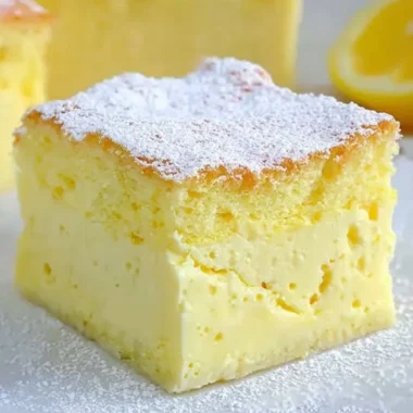 A slice of cozy magic lemon custard cake with lemon garnish on a white plate.