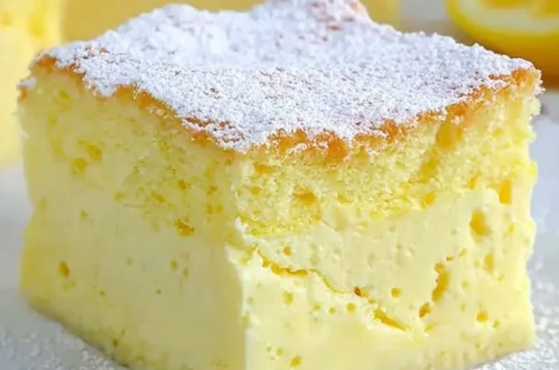 A slice of cozy magic lemon custard cake with lemon garnish on a white plate.