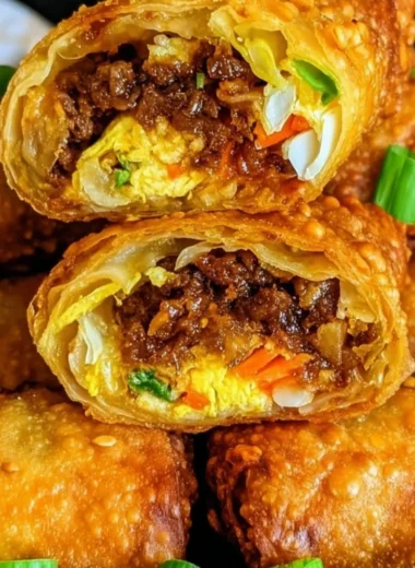 Crispy golden brown egg rolls filled with fresh vegetables and meat.