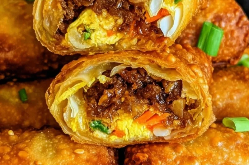 Crispy golden brown egg rolls filled with fresh vegetables and meat.