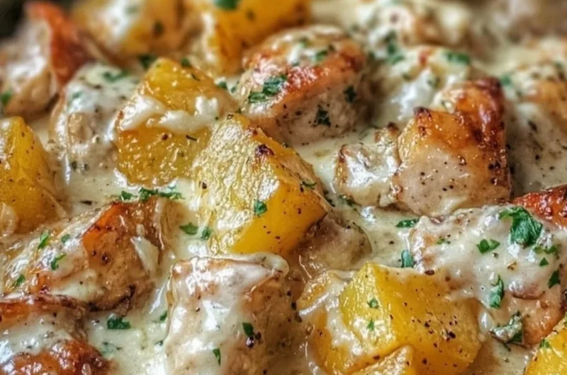 Delicious Garlic Parmesan Chicken with potatoes cooked in a crockpot.