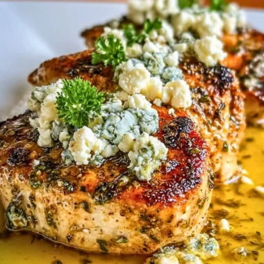 Plate of Greek Chicken with Lemon and Feta garnished with herbs