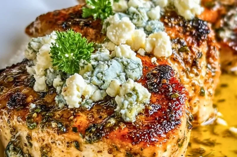 Plate of Greek Chicken with Lemon and Feta garnished with herbs