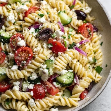 Delicious Greek Pasta Salad with fresh vegetables and feta cheese