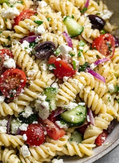 Delicious Greek Pasta Salad with fresh vegetables and feta cheese