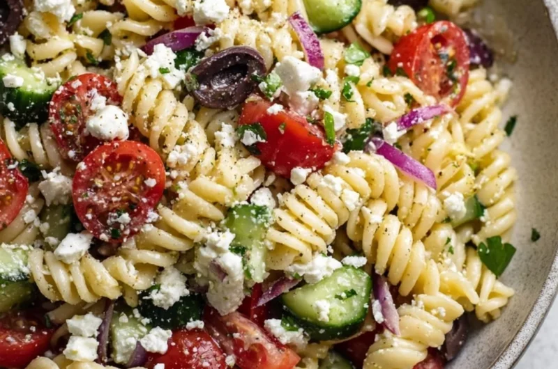 Delicious Greek Pasta Salad with fresh vegetables and feta cheese