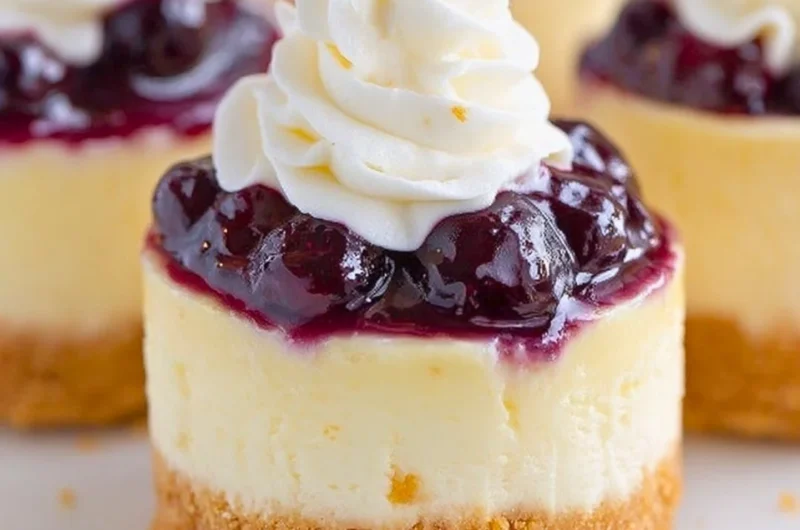 Healthy mini lemon blueberry cheesecakes topped with fresh blueberries