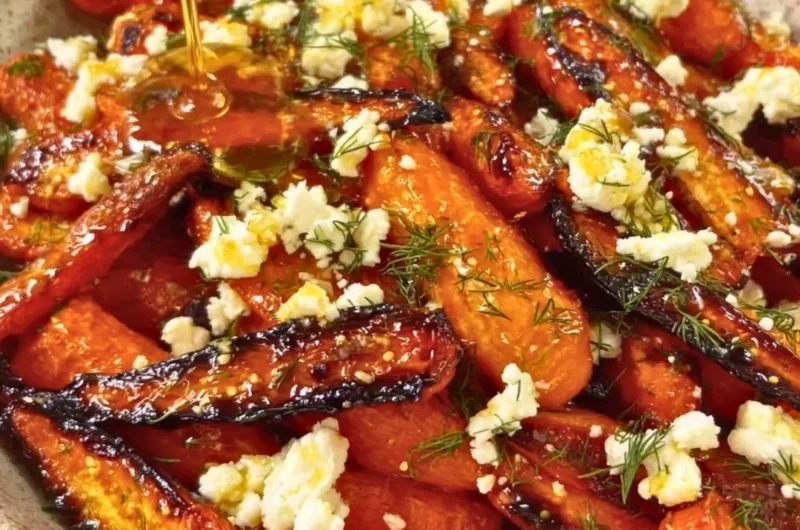 Honey garlic roasted carrots topped with feta cheese, a flavorful side dish.