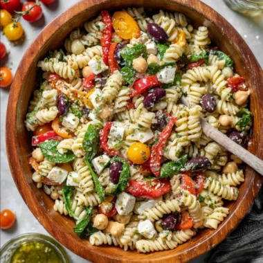 Colorful Italian Pasta Salad with vegetables and dressing in a serving bowl.