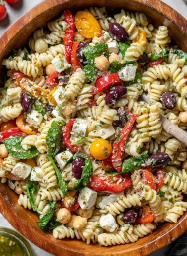 Colorful Italian Pasta Salad with vegetables and dressing in a serving bowl.