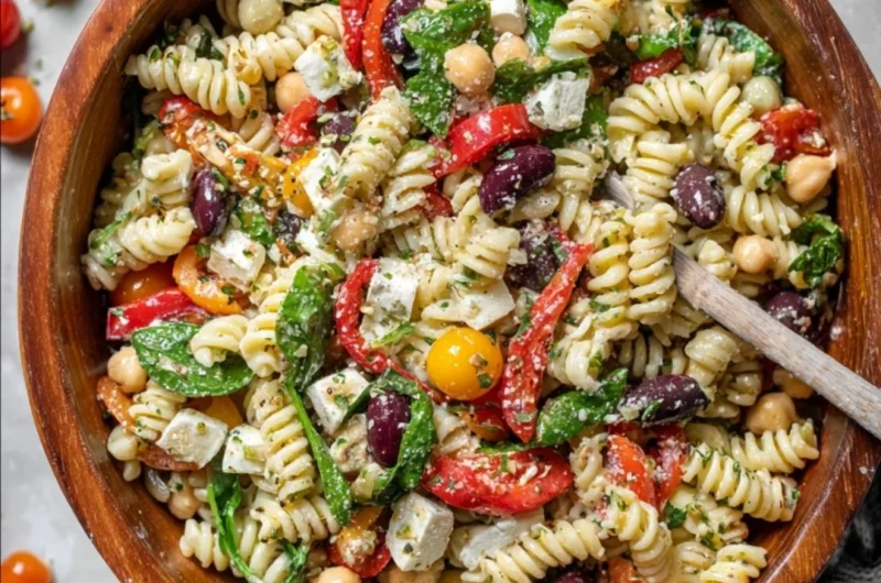 Colorful Italian Pasta Salad with vegetables and dressing in a serving bowl.