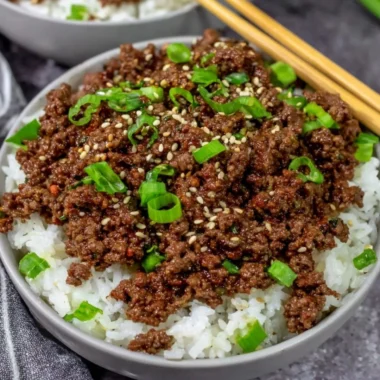 Delicious Korean Beef Bowl with tender beef and fresh vegetables served in a bowl.