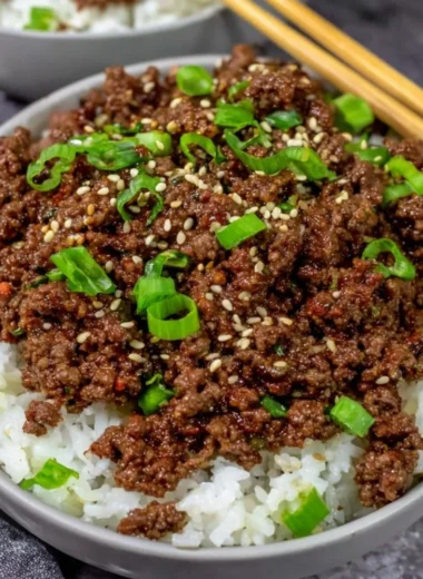 Delicious Korean Beef Bowl with tender beef and fresh vegetables served in a bowl.